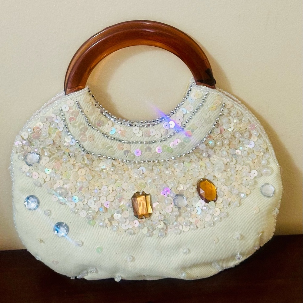 NWT Bijoux Terner Elegant Cream beaded Sequin Handbag with Brown Handle